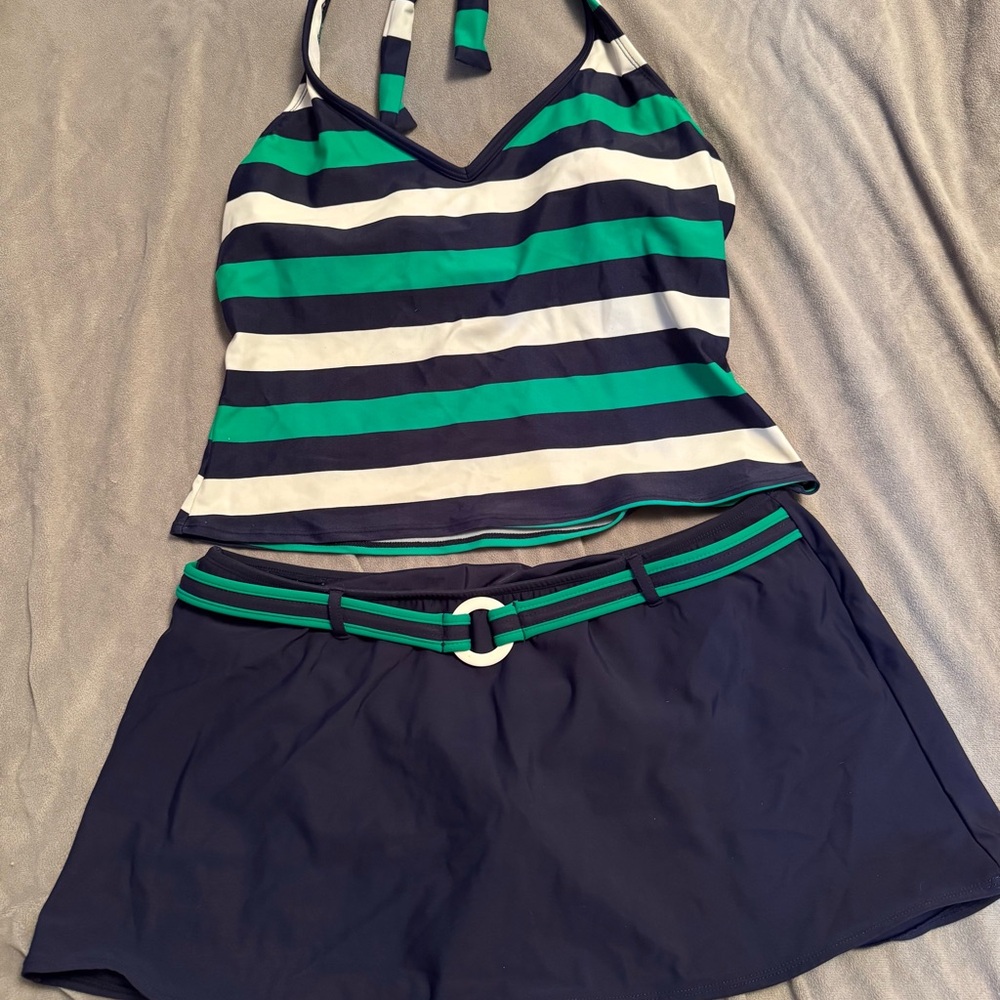 a.n.a Navy and Green Swim Set skirt tankini women’s 12 top 14 bottom